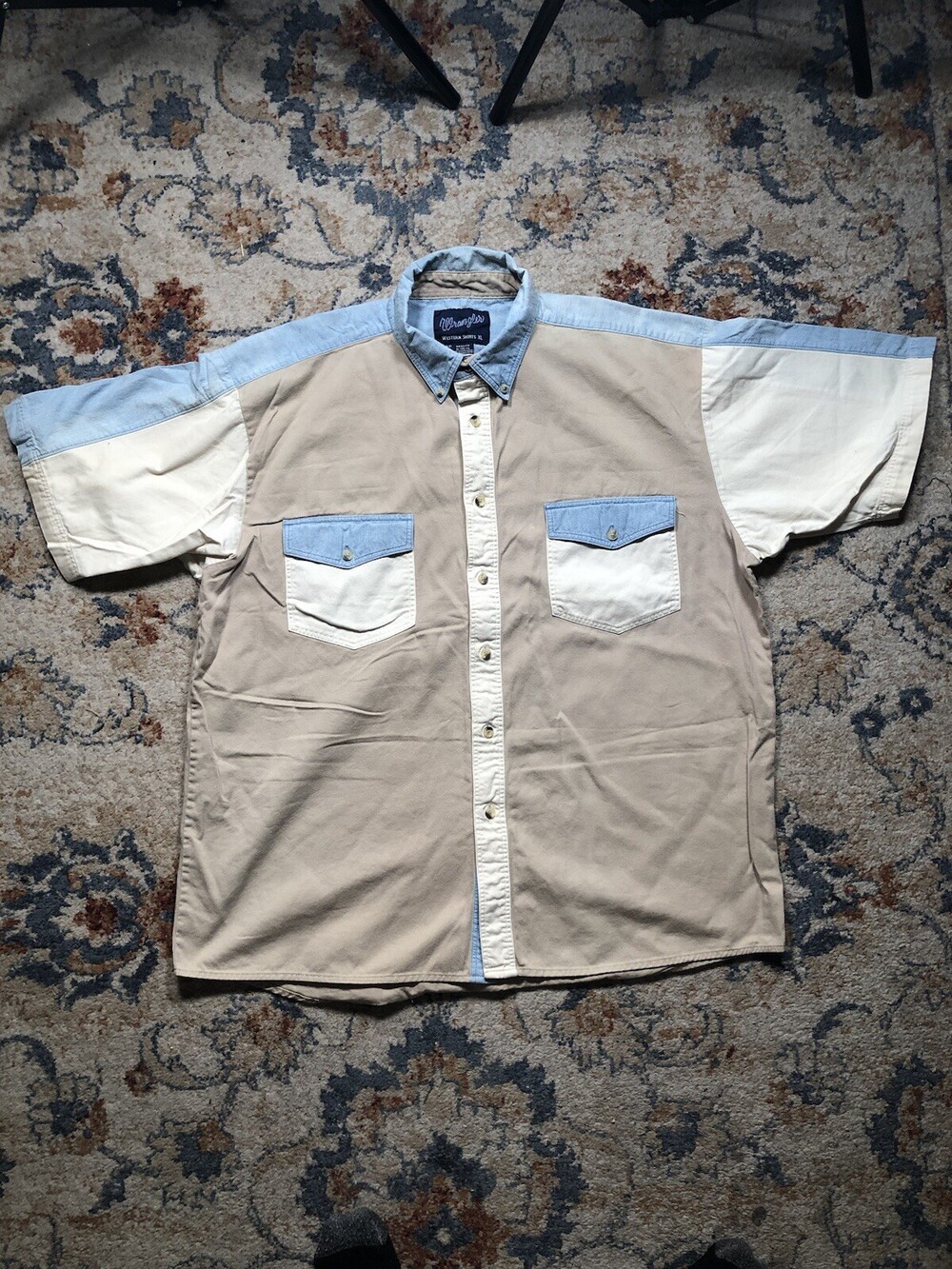 Wrangler Western Shirt Mens Large Beige Blue Colorblock Button Up Western Cowboy